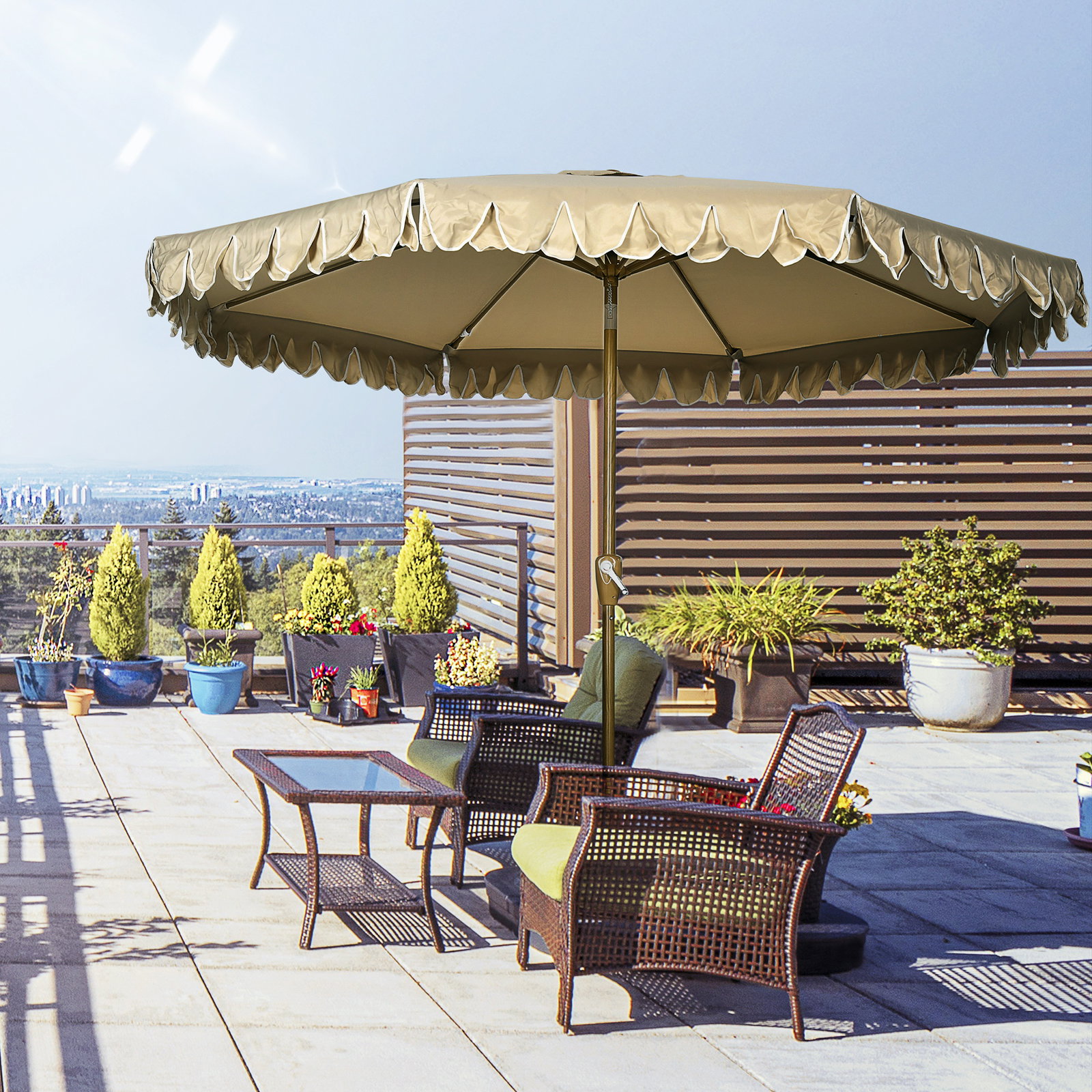 Chapéu de sol de jardim ø264x240 cm chapéu de sol de exterior com ângulo ajustável manivela para pátio terraço caqui