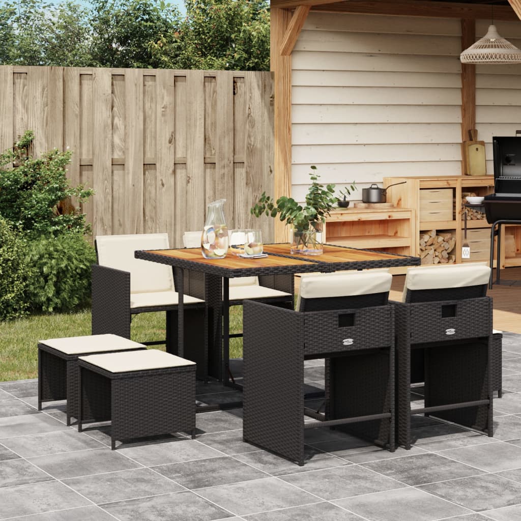 9 Pcs conjunto de jantar p/ jardim c/ almofadões vime PE preto