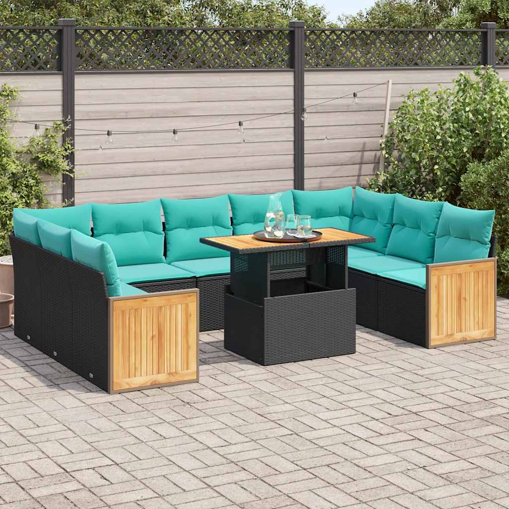 10 Pcs conjunto sofás jardim c/ almofadões vime PE/acácia preto