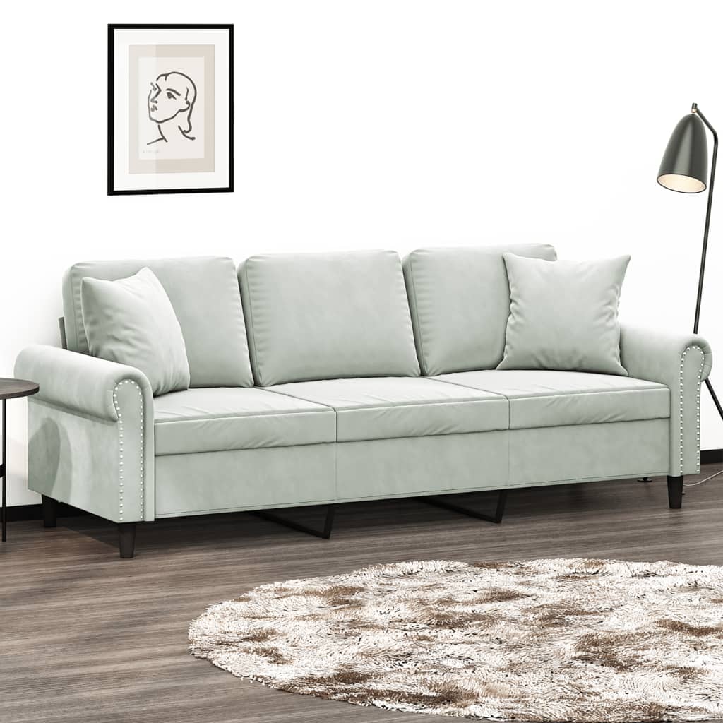 Sofá 3 lugares + almofadas decorativas 180cm veludo cinza-claro