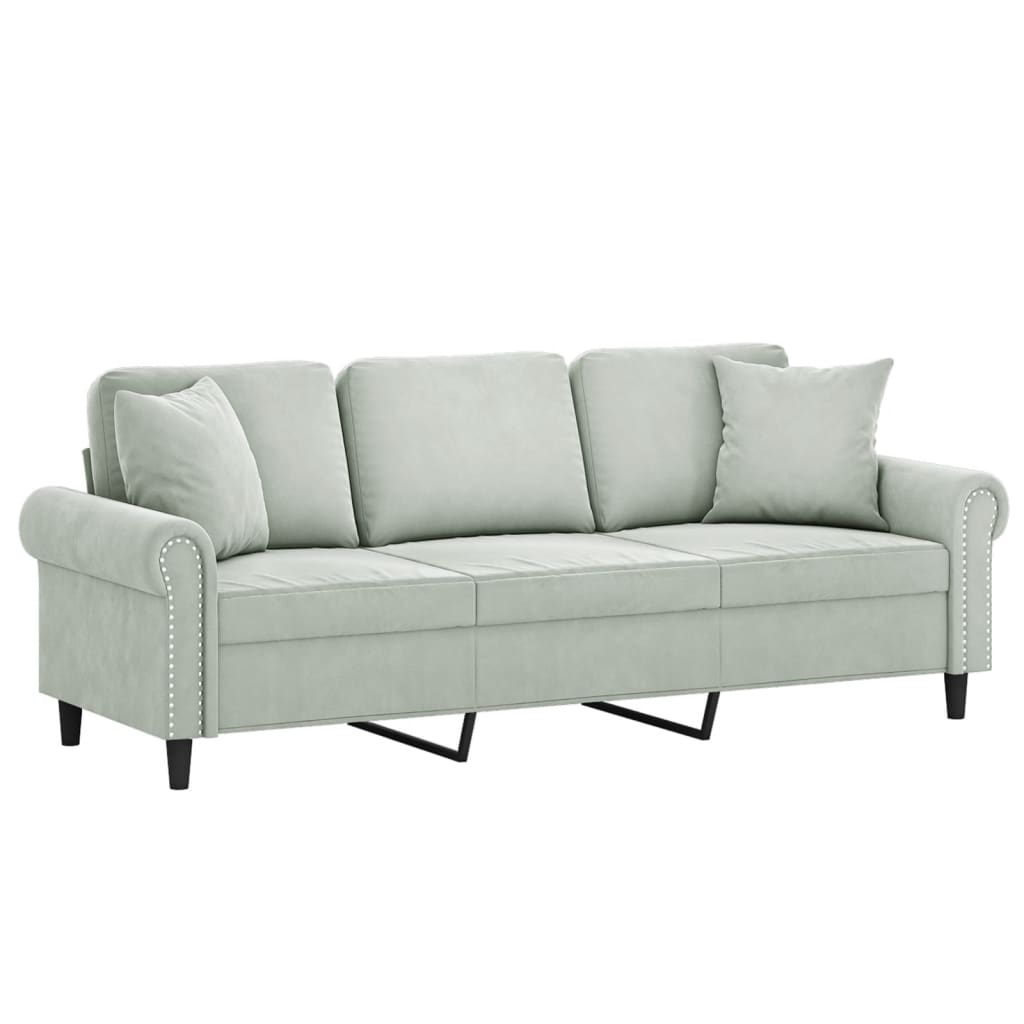 Sofá 3 lugares + almofadas decorativas 180cm veludo cinza-claro