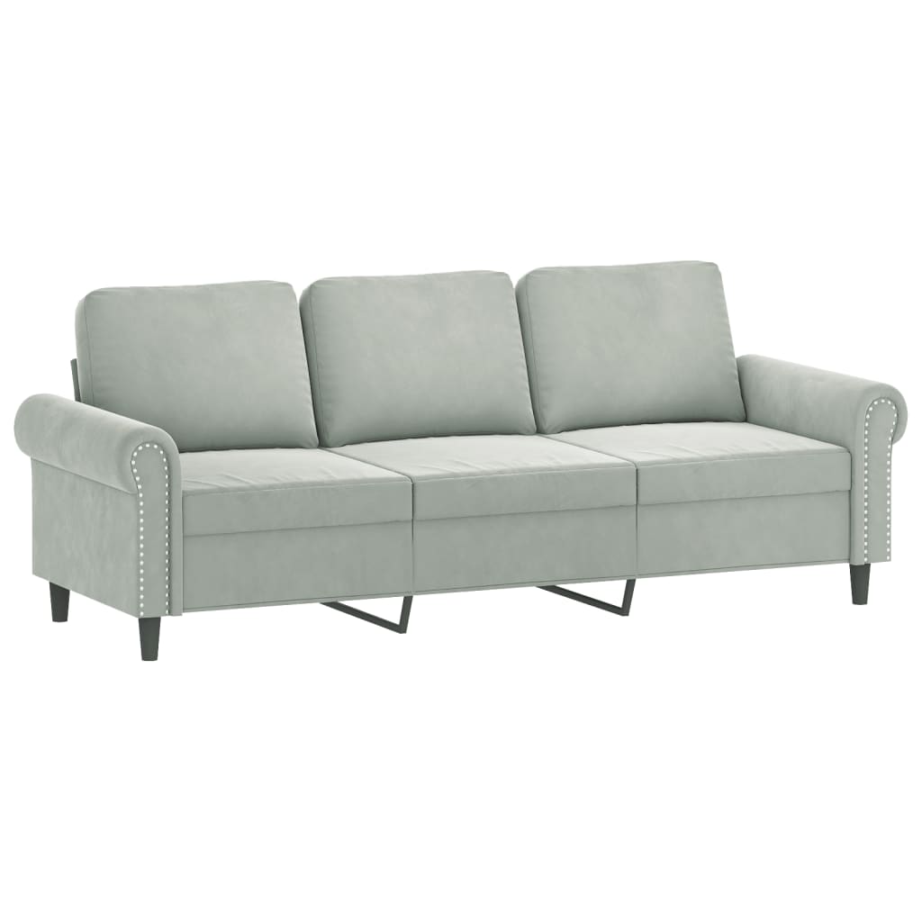 Sofá 3 lugares + almofadas decorativas 180cm veludo cinza-claro