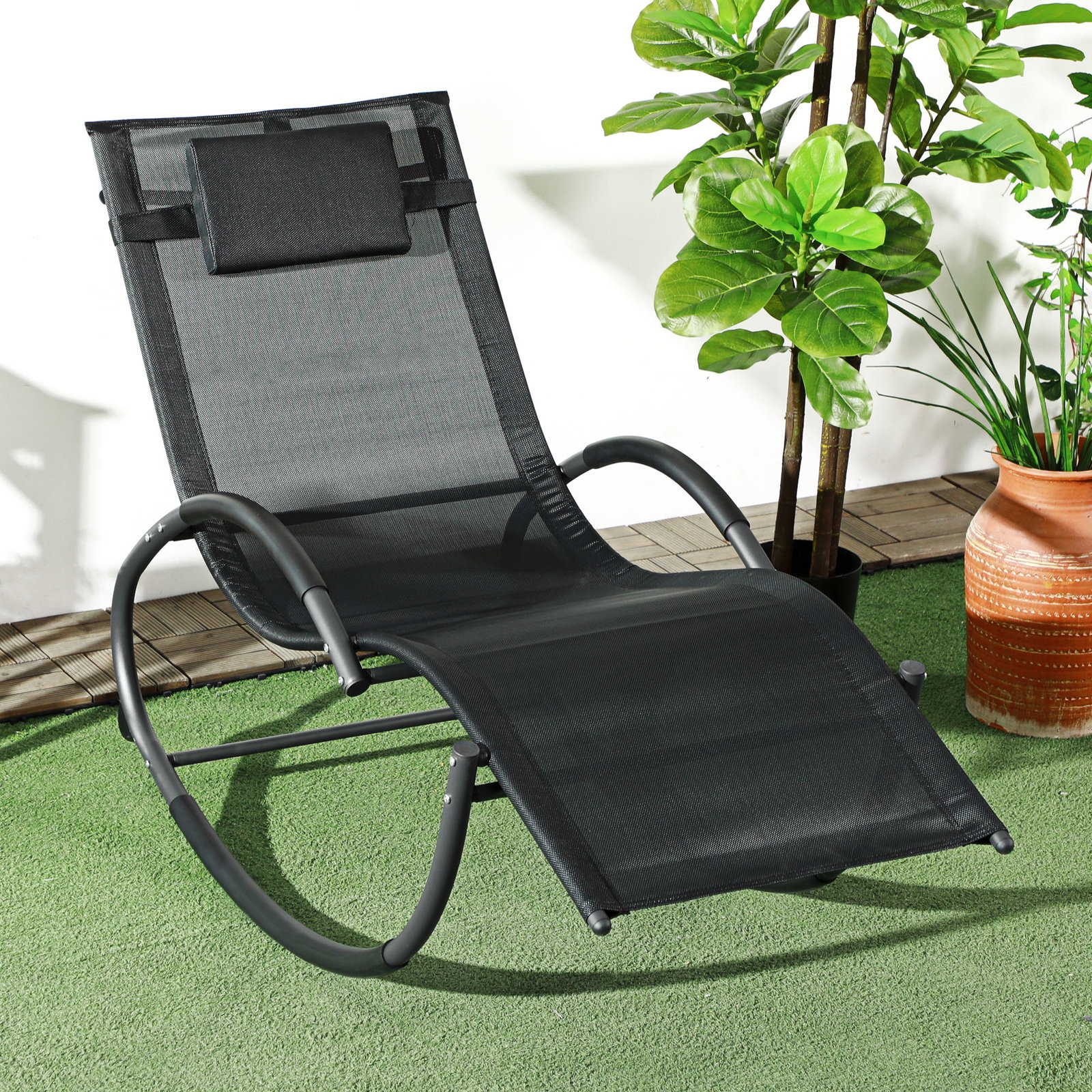 Espreguiçadeira baloiço de jardim com apoio para os braços almofada para a cabeça removível 155x61x88 cm preto