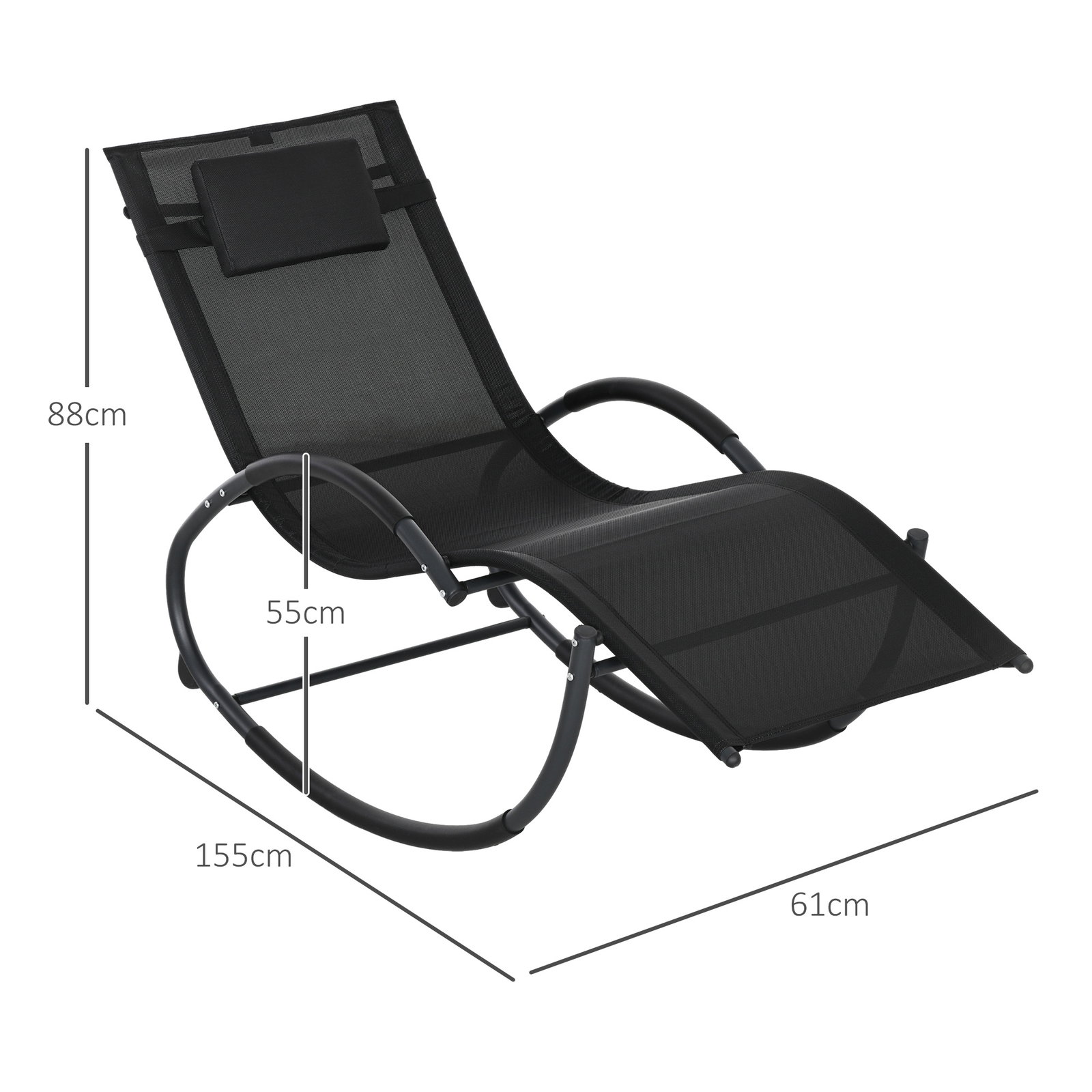 Espreguiçadeira baloiço de jardim com apoio para os braços almofada para a cabeça removível 155x61x88 cm preto