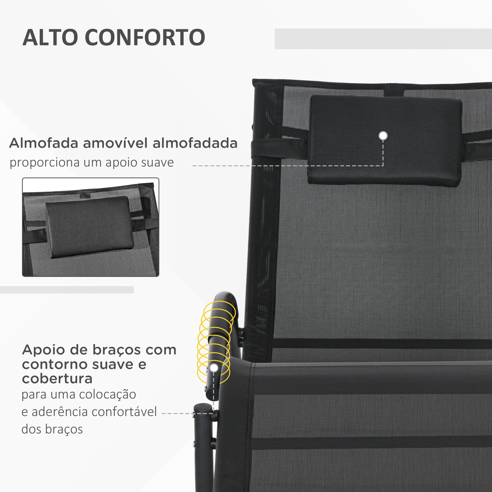 Espreguiçadeira baloiço de jardim com apoio para os braços almofada para a cabeça removível 155x61x88 cm preto
