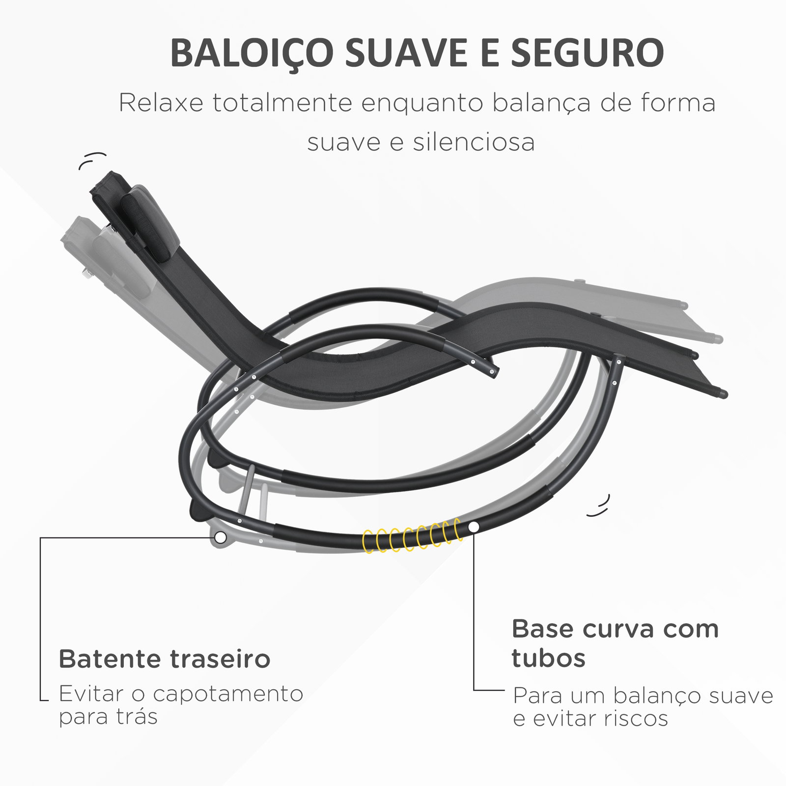 Espreguiçadeira baloiço de jardim com apoio para os braços almofada para a cabeça removível 155x61x88 cm preto