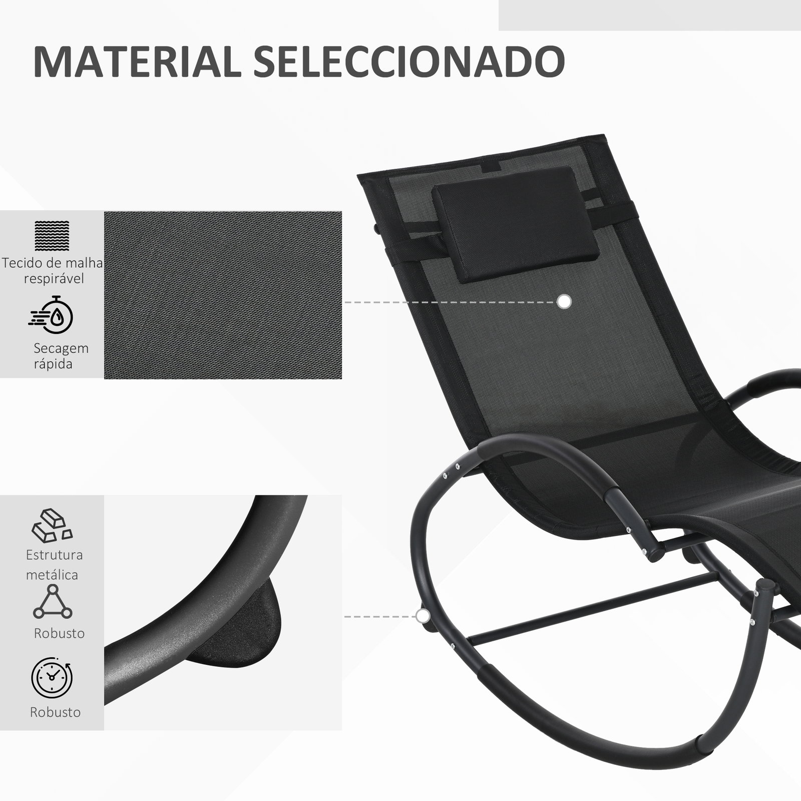 Espreguiçadeira baloiço de jardim com apoio para os braços almofada para a cabeça removível 155x61x88 cm preto