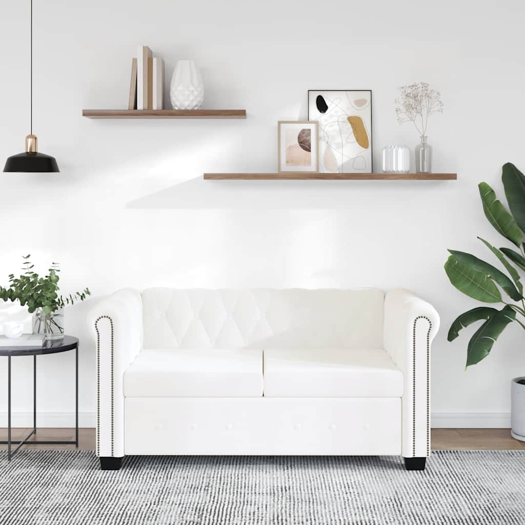 Sofá chesterfield de 2 lugares em couro artificial branco