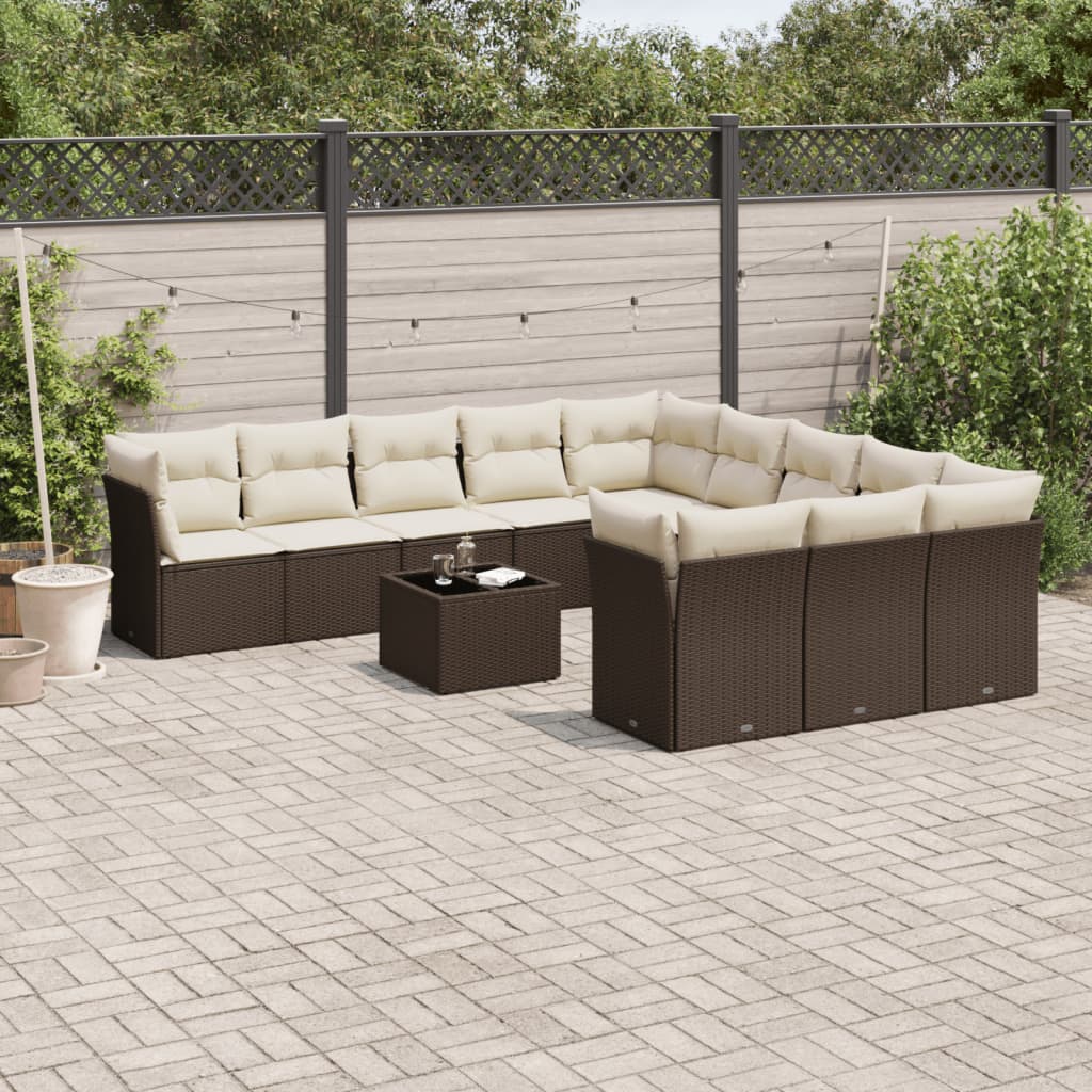 12 Pcs conjunto de sofás jardim com almofadões vime PE castanho