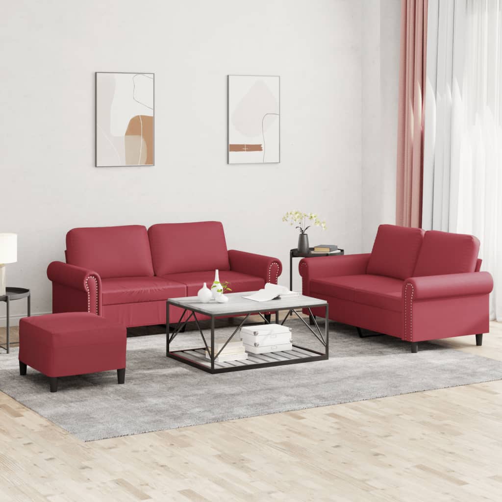 3 Pcs conjunto sofás c/ almofadões couro artif. vermelho tinto