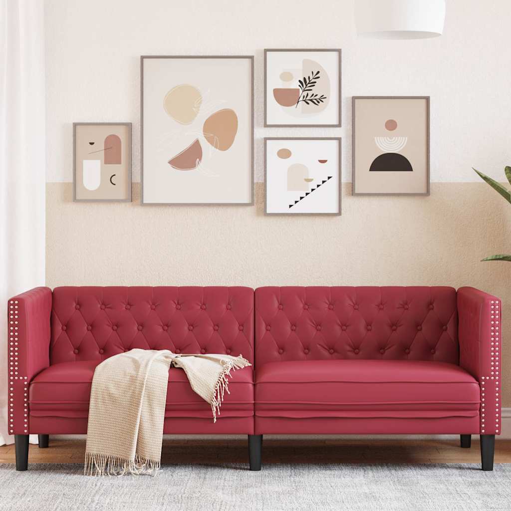 Sofá chesterfield 3 lugares couro artificial vermelho tinto