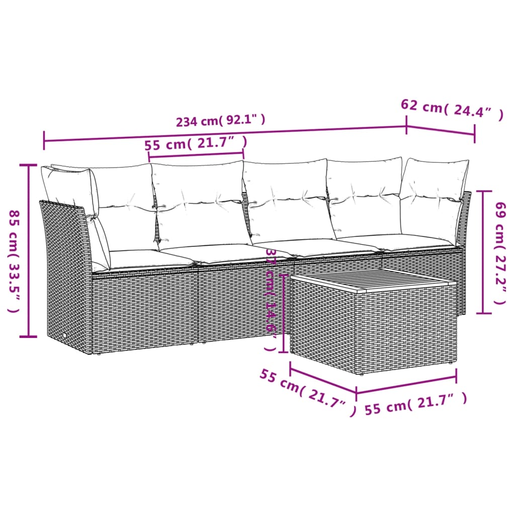 5 Pcs conjunto sofás de jardim com almofadões vime PE preto