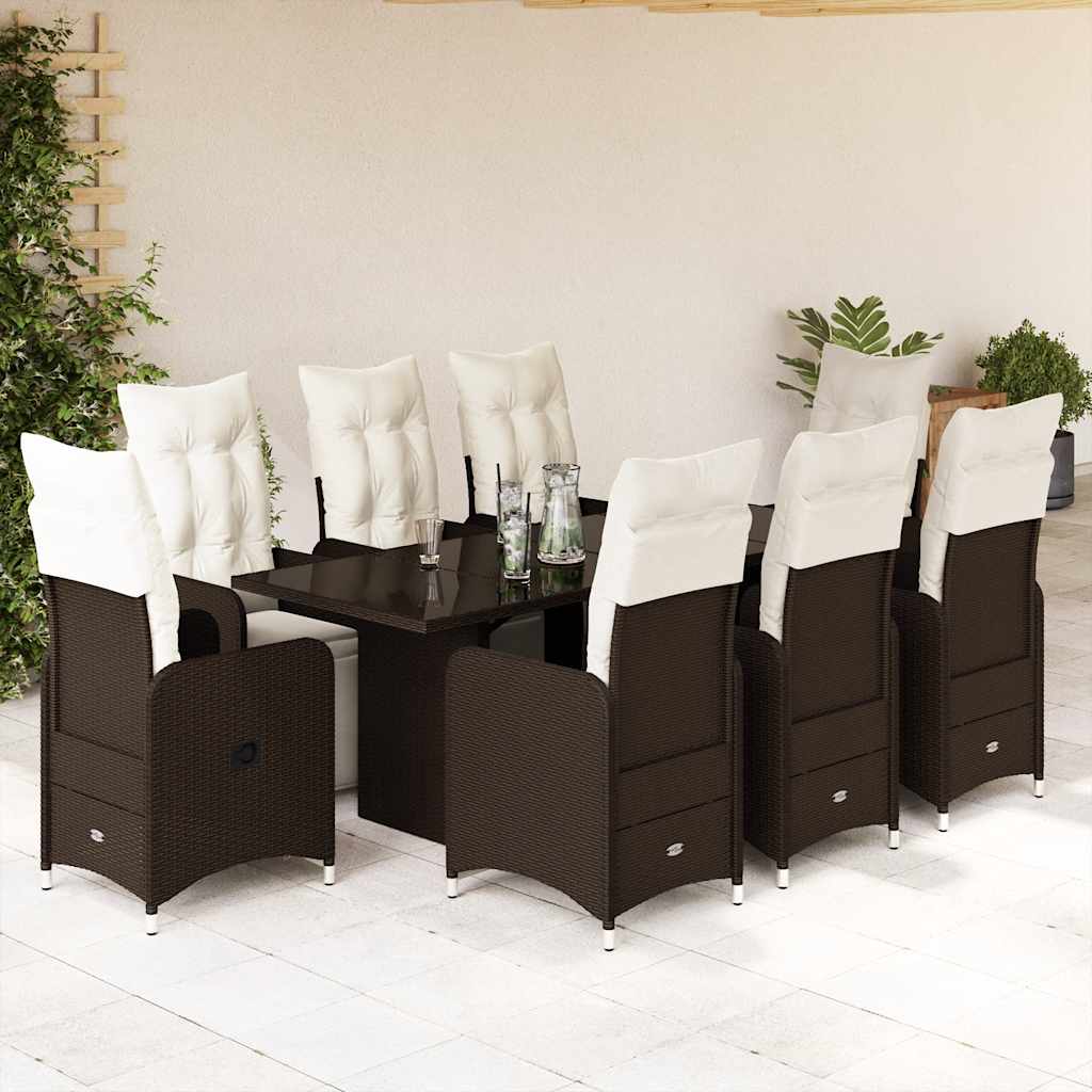 9 Pcs conjunto bistrô de jardim c/ almofadões vime PE castanho
