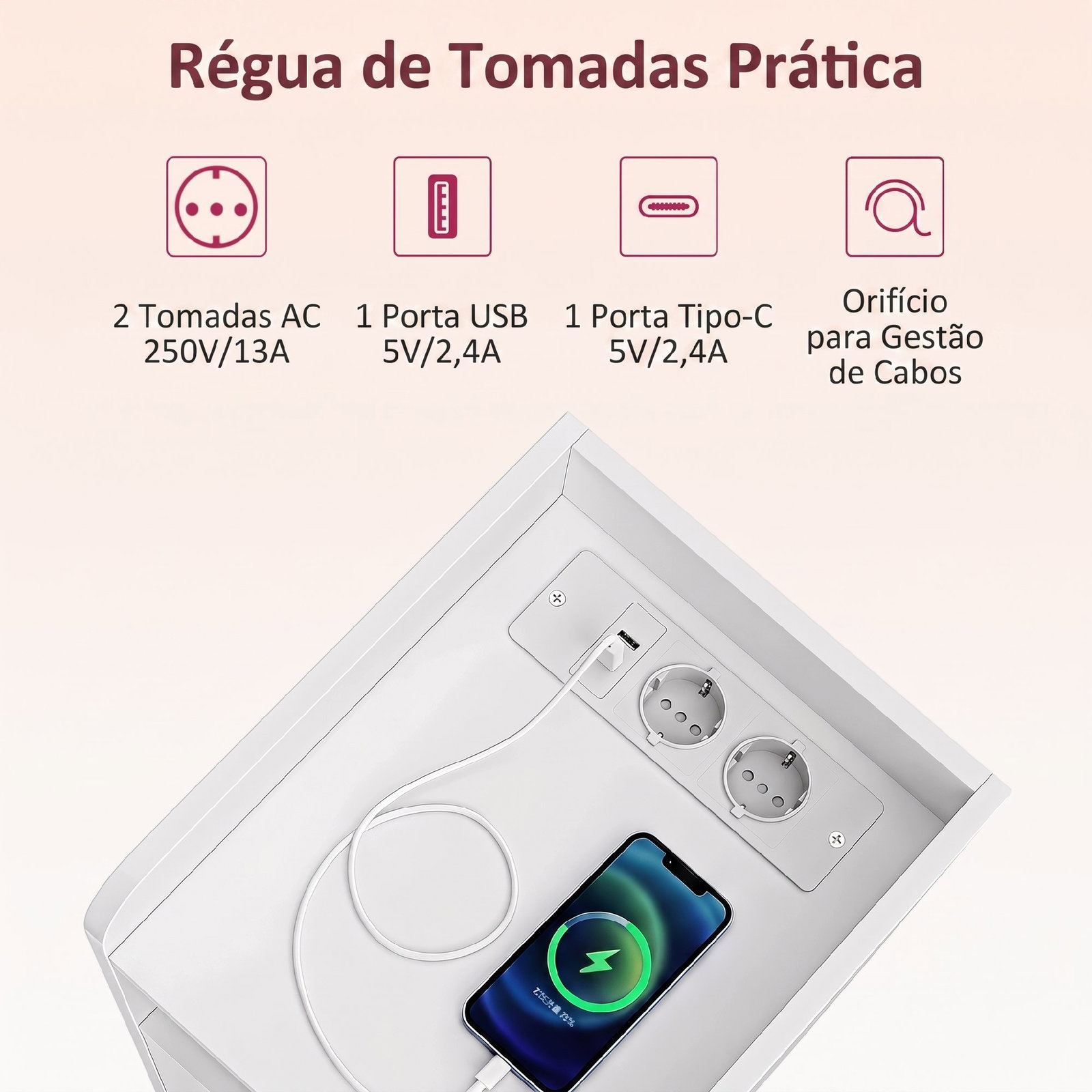 Conjunto de 2 mesas de cabeceira estreitas com estação de carregamento, porta, compartimento aberto e prateleira ajustável, branco
