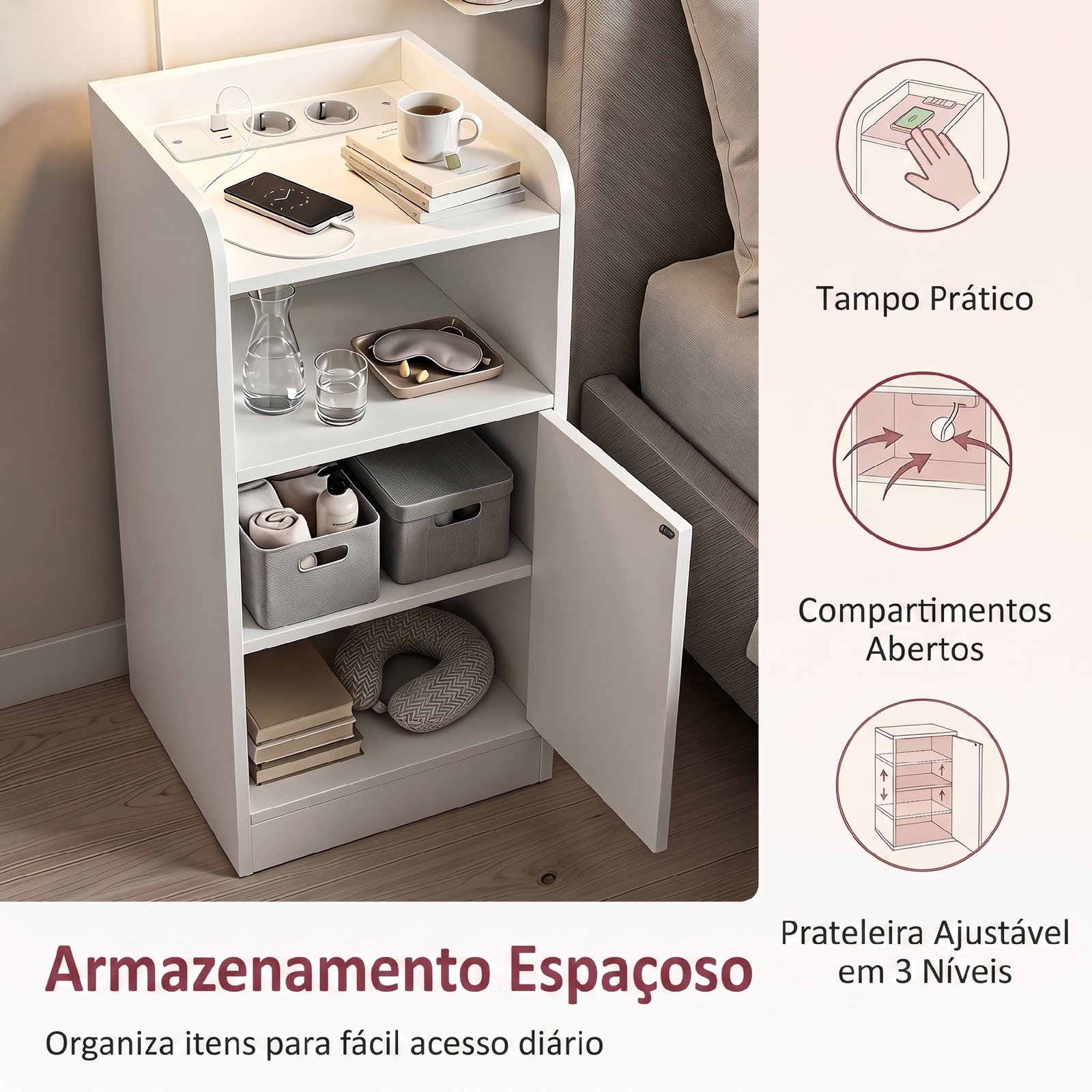 Conjunto de 2 mesas de cabeceira estreitas com estação de carregamento, porta, compartimento aberto e prateleira ajustável, branco