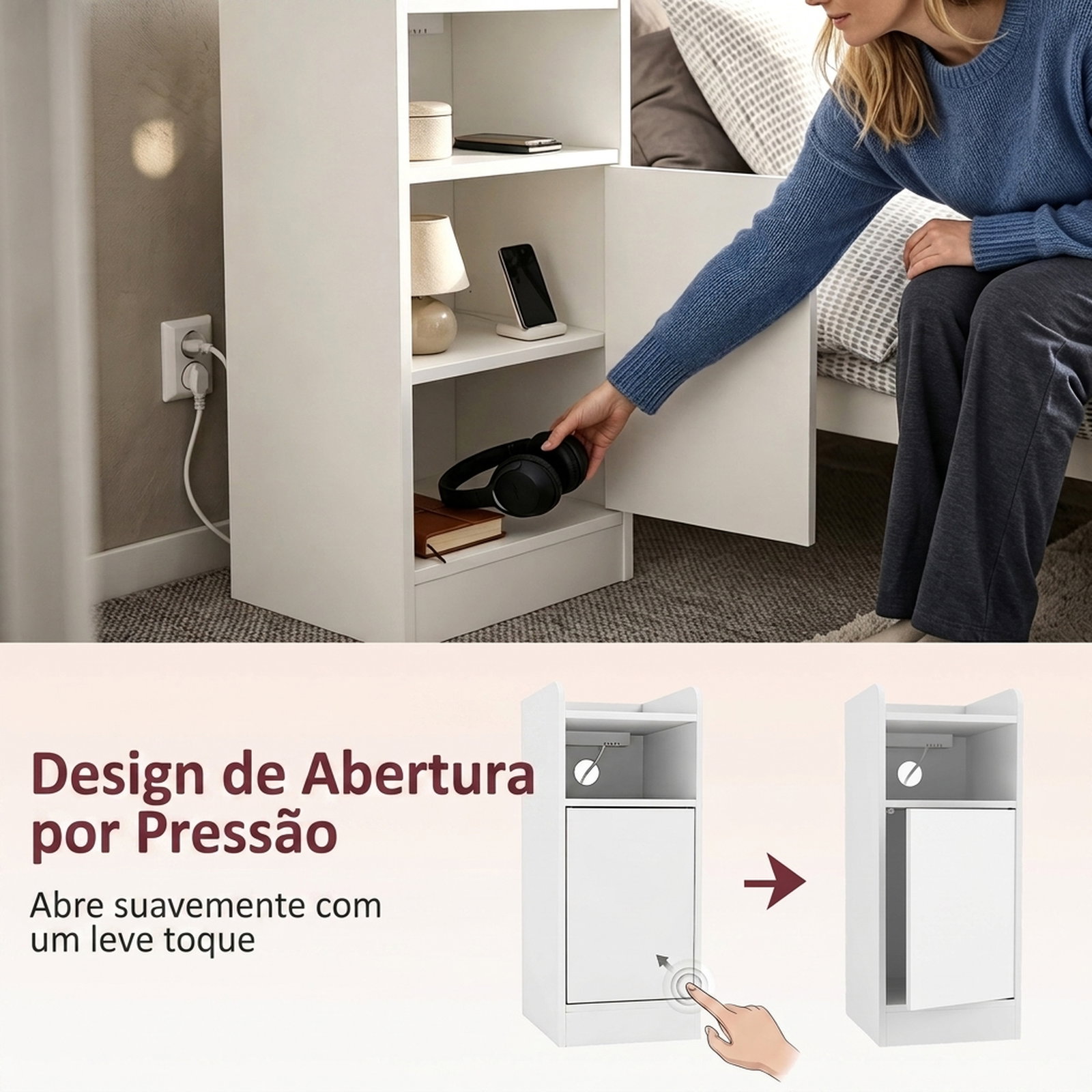 Conjunto de 2 mesas de cabeceira estreitas com estação de carregamento, porta, compartimento aberto e prateleira ajustável, branco