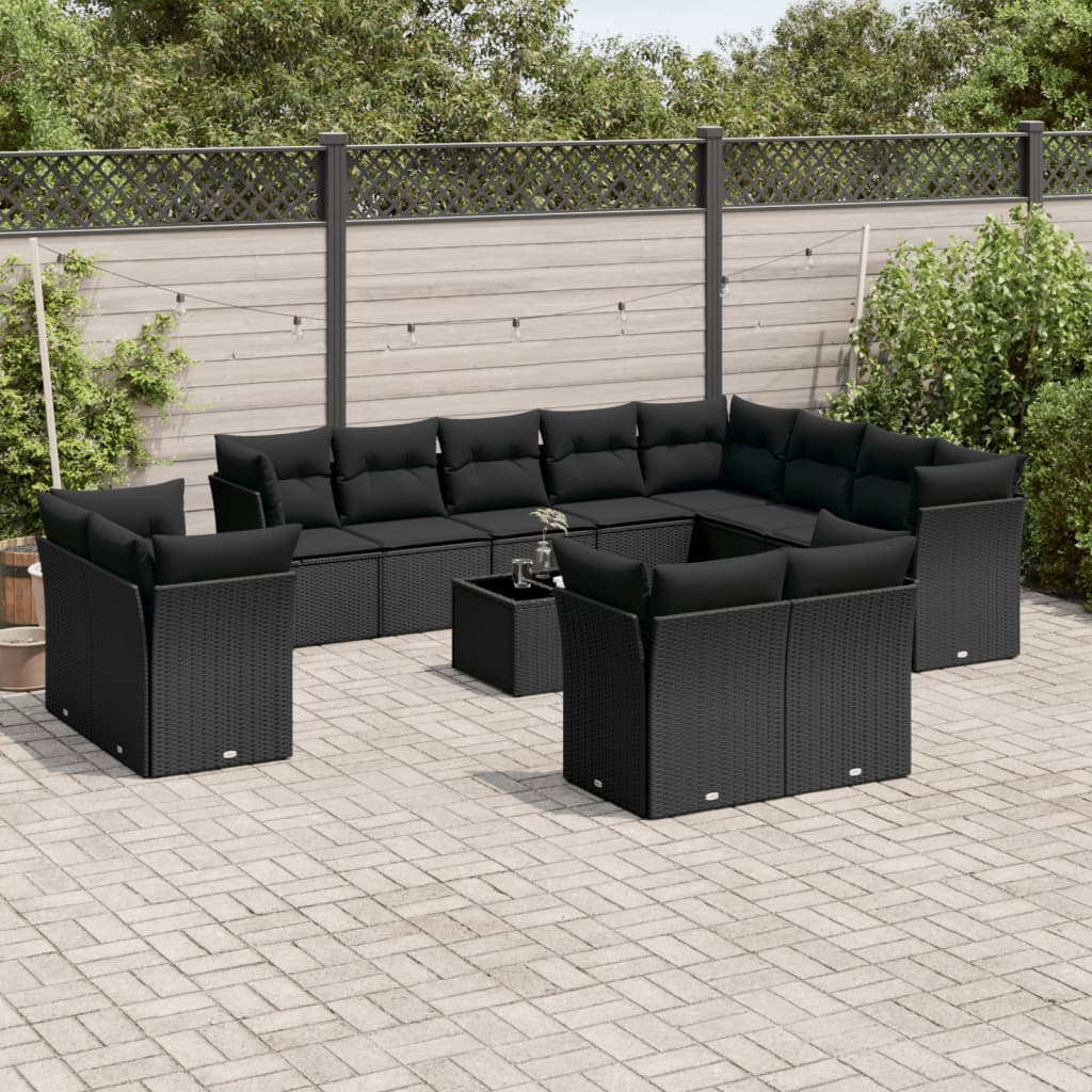 13 Pcs conjunto de sofás de jardim com almofadões vime PE preto