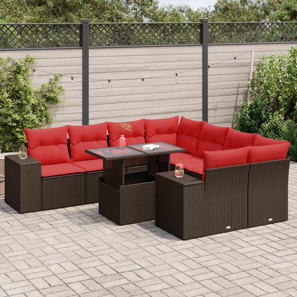 9 Pcs conj. sofás jardim c/ almofadões vime PE/acácia castanho