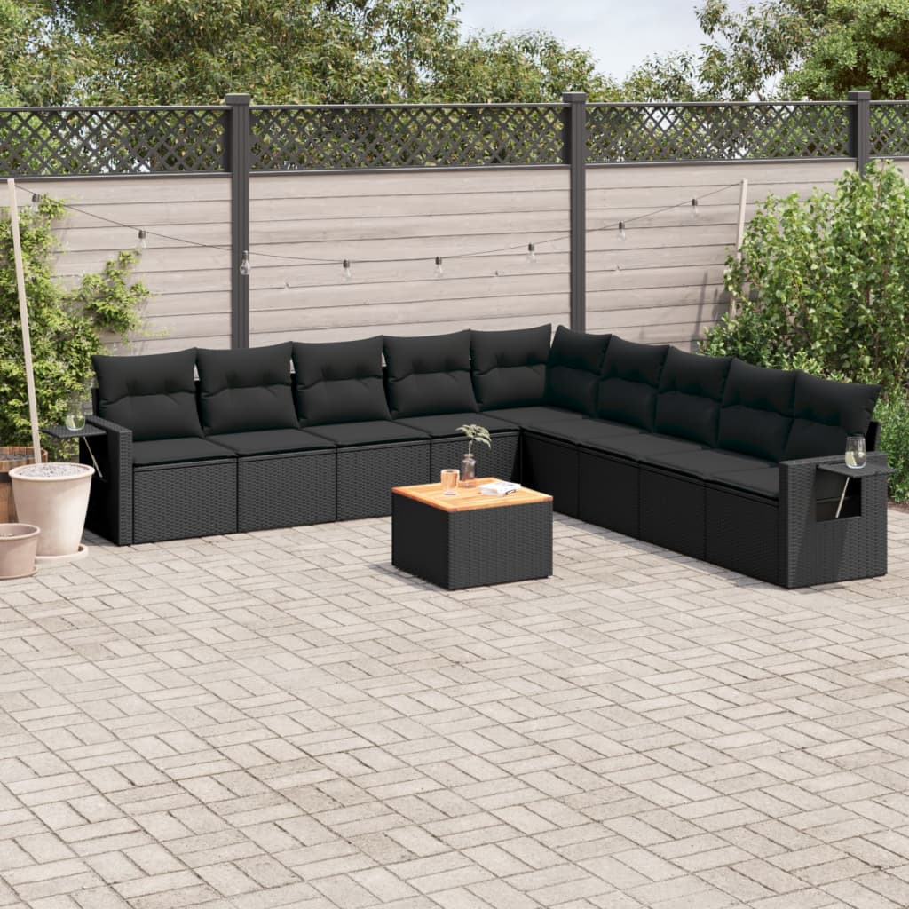 10 Pcs conjunto sofás de jardim c/ almofadões vime PE preto