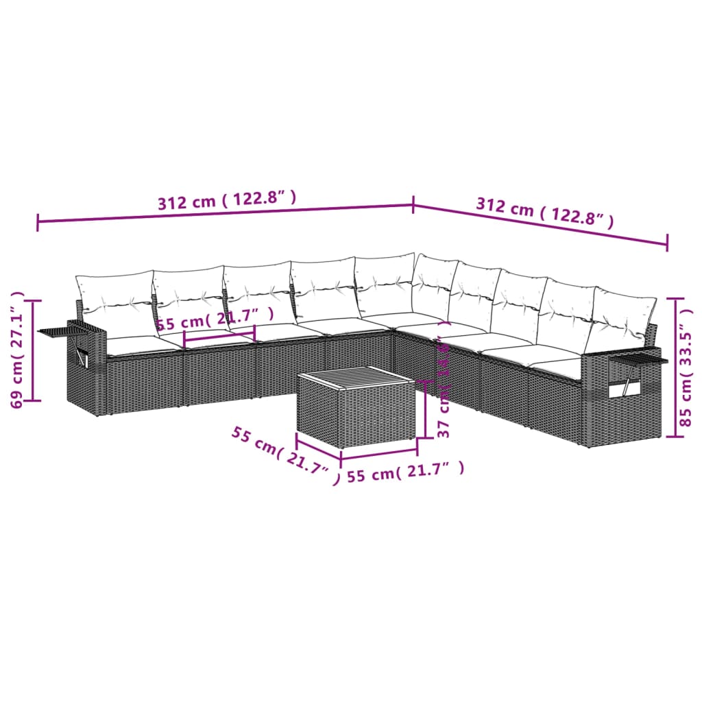 10 Pcs conjunto sofás de jardim c/ almofadões vime PE preto