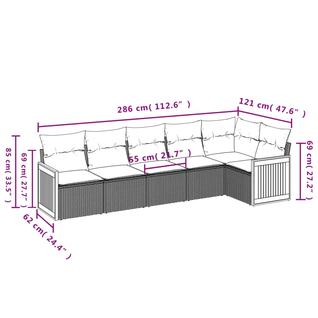 6 Pcs conjunto de sofás p/ jardim com almofadões vime PE bege