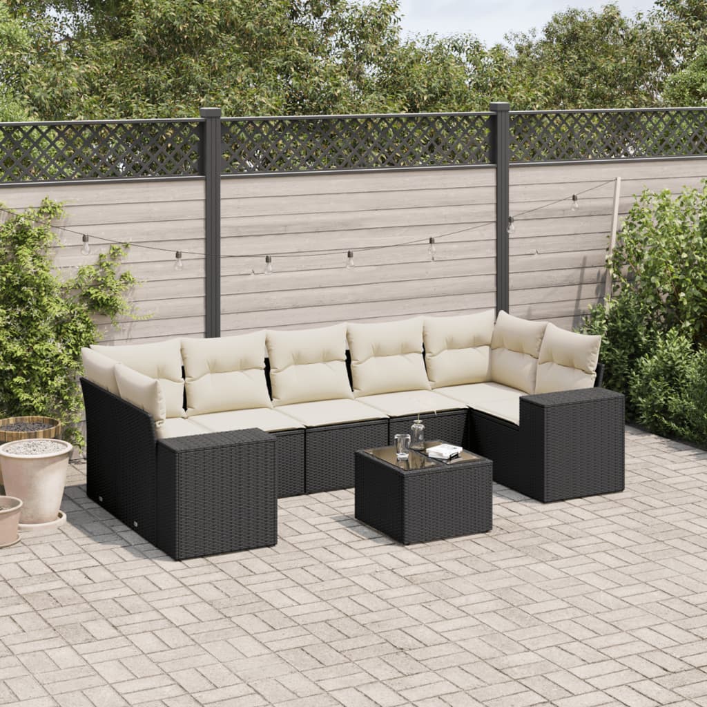8 Pcs conjunto sofás de jardim com almofadões vime PE preto