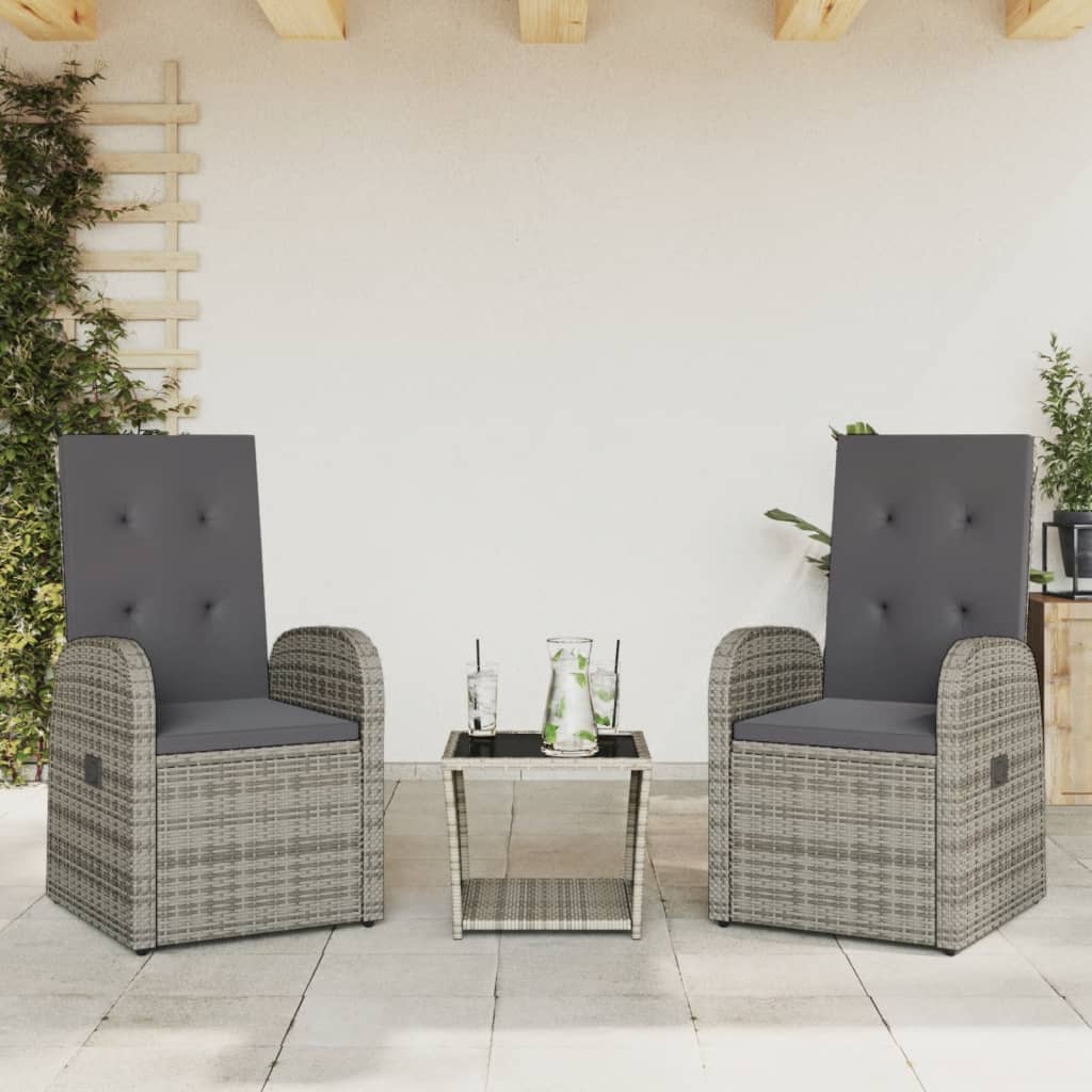 3 Pcs conjunto de jantar p/ jardim c/ almofadões vime PE cinza