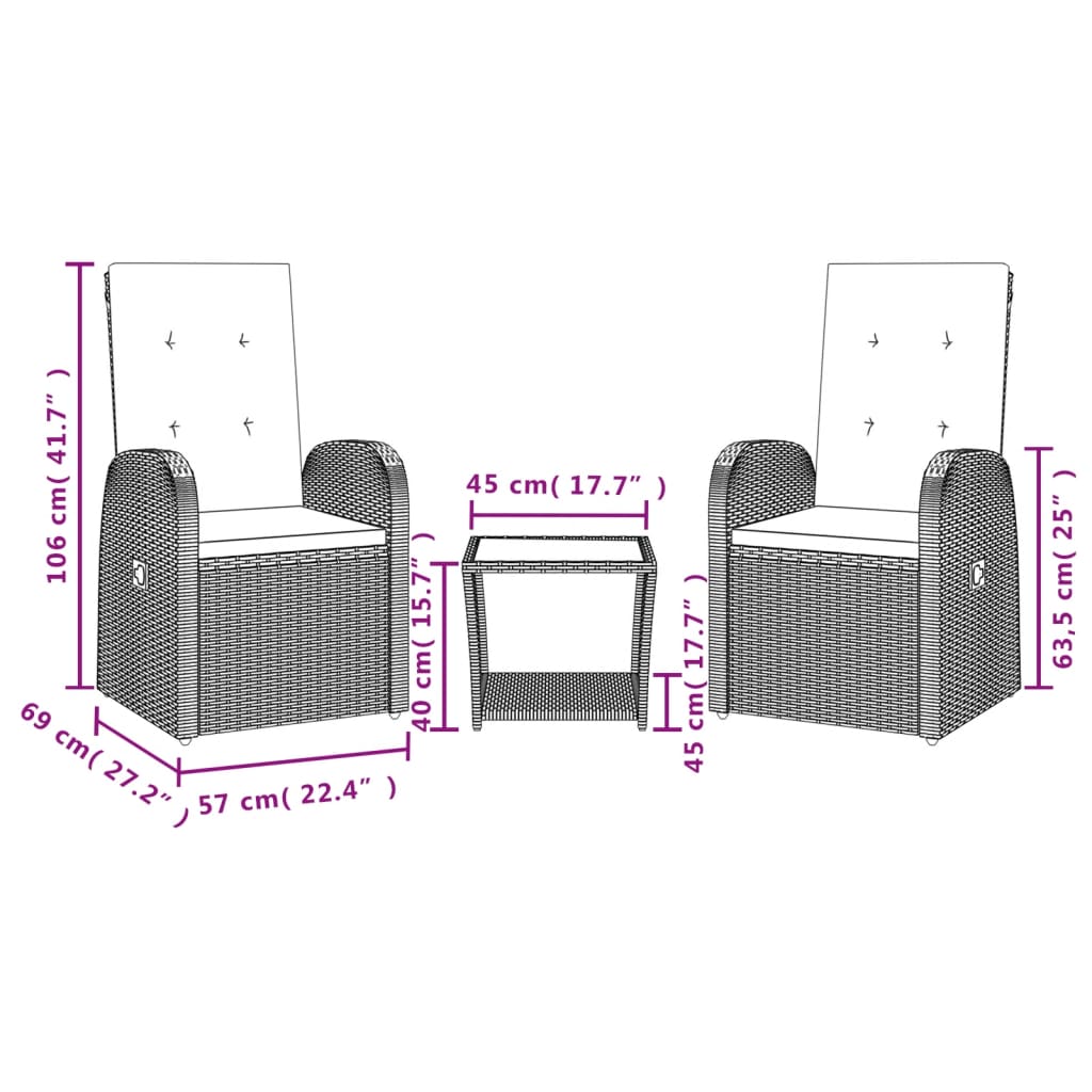 3 Pcs conjunto de jantar p/ jardim c/ almofadões vime PE cinza