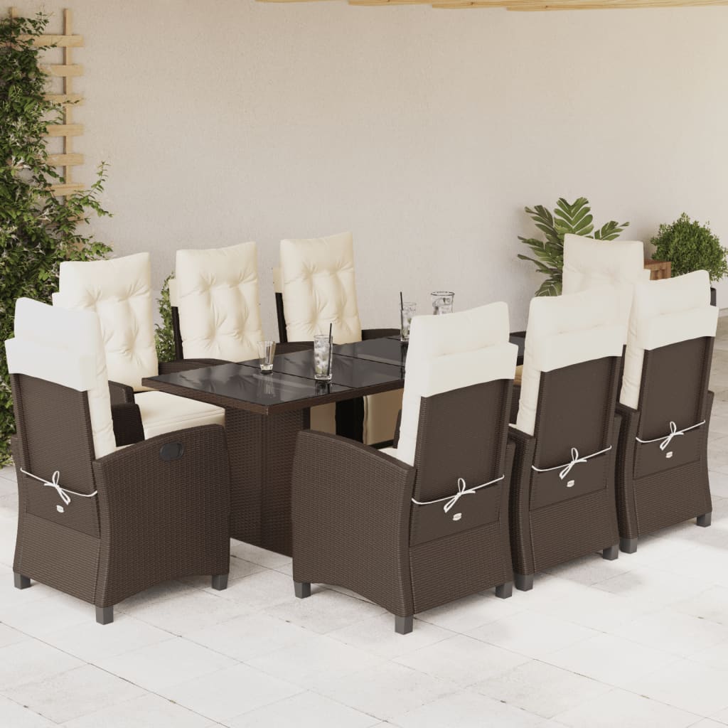 9 Pcs conjunto jantar p/ jardim c/ almofadões vime PE castanho