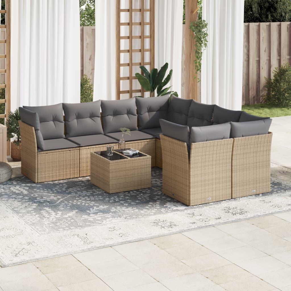 9 Pcs conjunto de sofás p/ jardim com almofadões vime PE bege