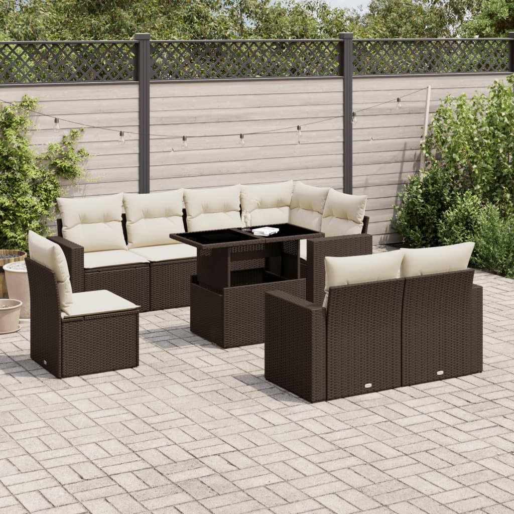 9 Pcs conjunto sofás p/ jardim c/ almofadões vime PE castanho