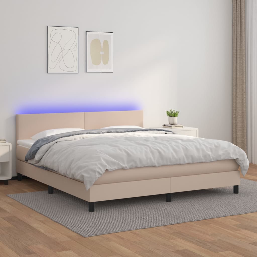 Cama box spring c/colchão/LED 180x200cm couro artif. cappuccino