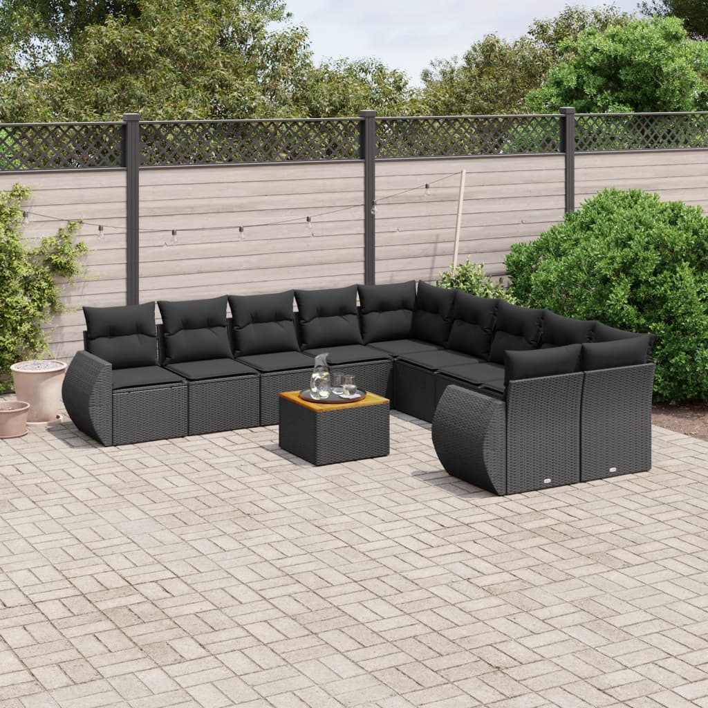 11 Pcs conjunto sofás de jardim c/ almofadões vime PE preto