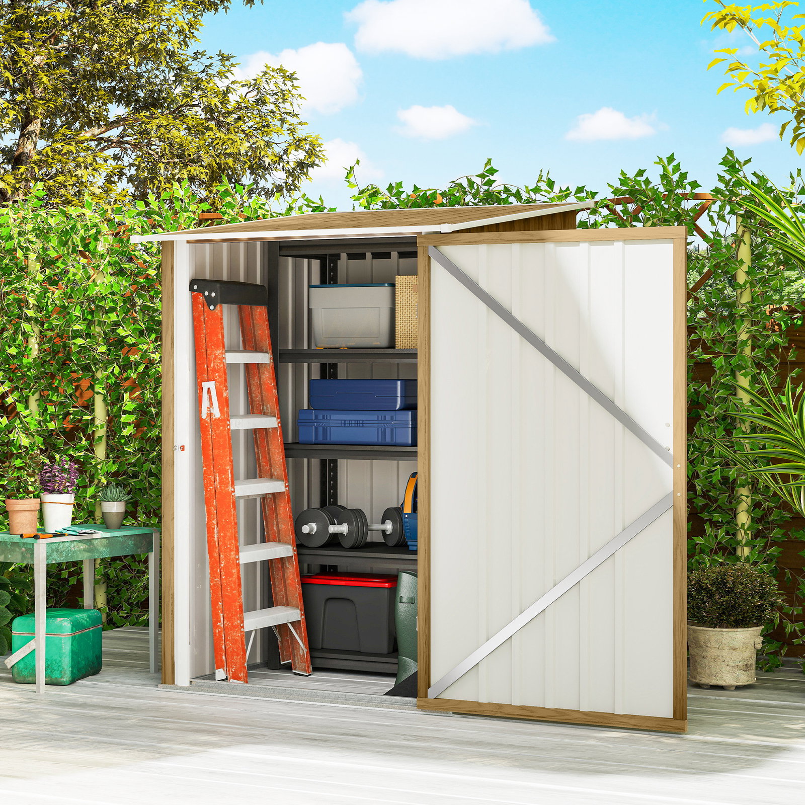 Abrigo de jardim metálica 0,92 m² 100x103x160 cm com 1 porta e fecho para armazenamento de ferramentas castanho claro