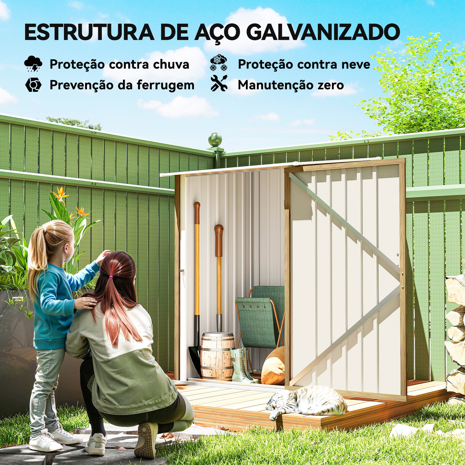 Abrigo de jardim metálica 0,92 m² 100x103x160 cm com 1 porta e fecho para armazenamento de ferramentas castanho claro