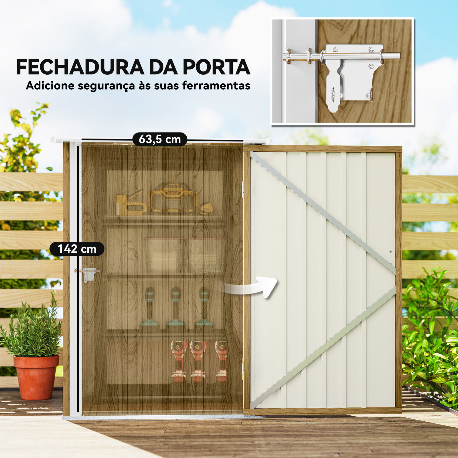 Abrigo de jardim metálica 0,92 m² 100x103x160 cm com 1 porta e fecho para armazenamento de ferramentas castanho claro
