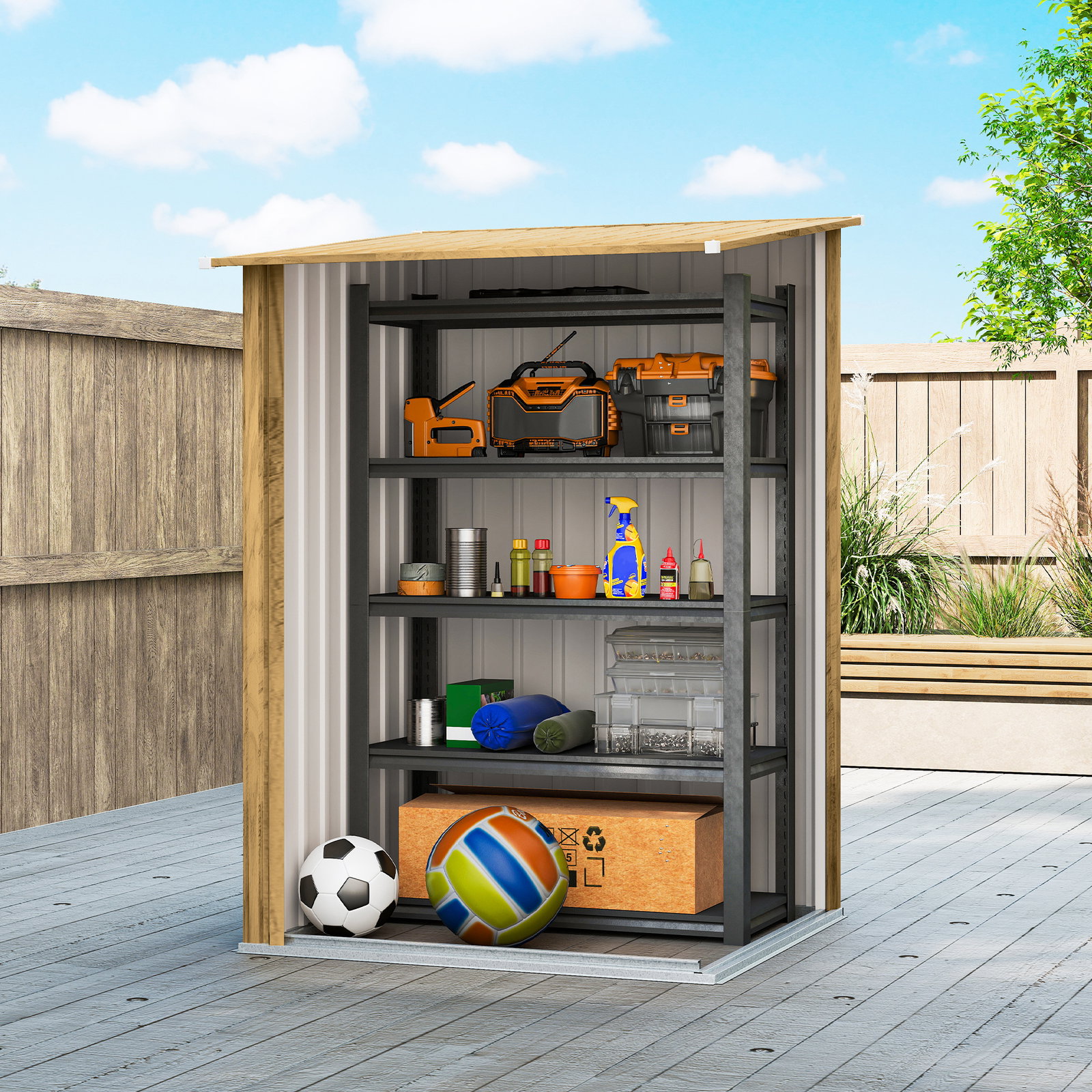 Abrigo de jardim metálica 0,92 m² 100x103x160 cm com 1 porta e fecho para armazenamento de ferramentas castanho claro