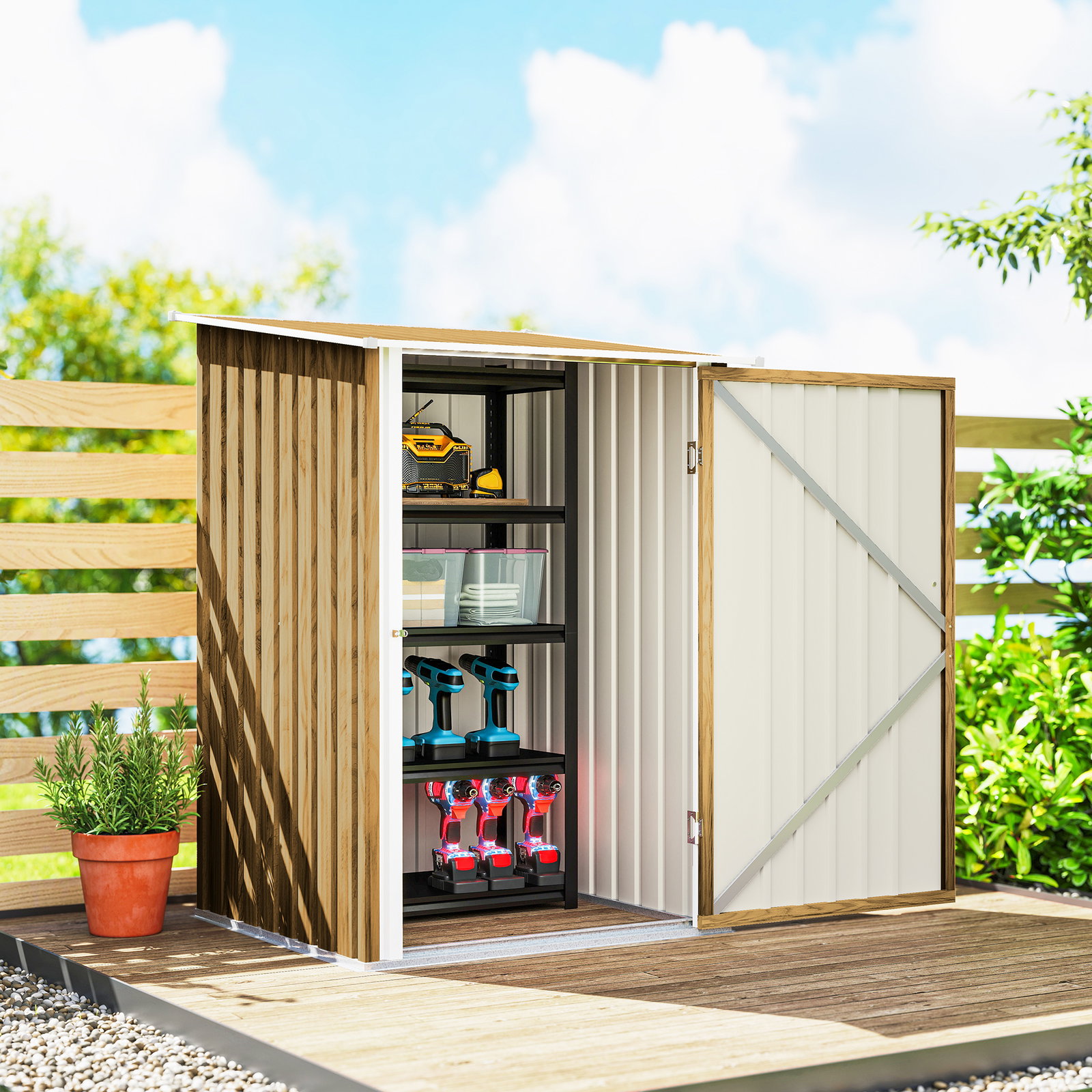 Abrigo de jardim metálica 0,92 m² 100x103x160 cm com 1 porta e fecho para armazenamento de ferramentas castanho claro