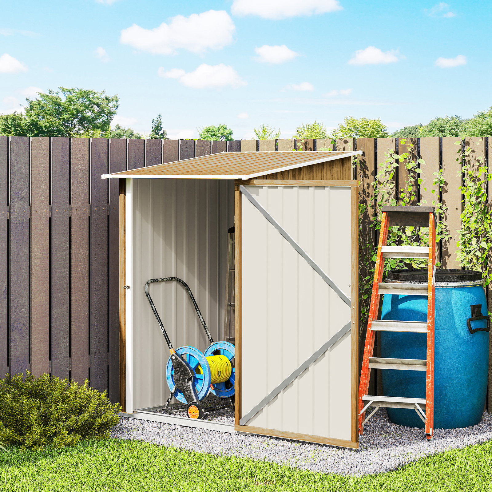 Abrigo de jardim metálica 0,92 m² 100x103x160 cm com 1 porta e fecho para armazenamento de ferramentas castanho claro