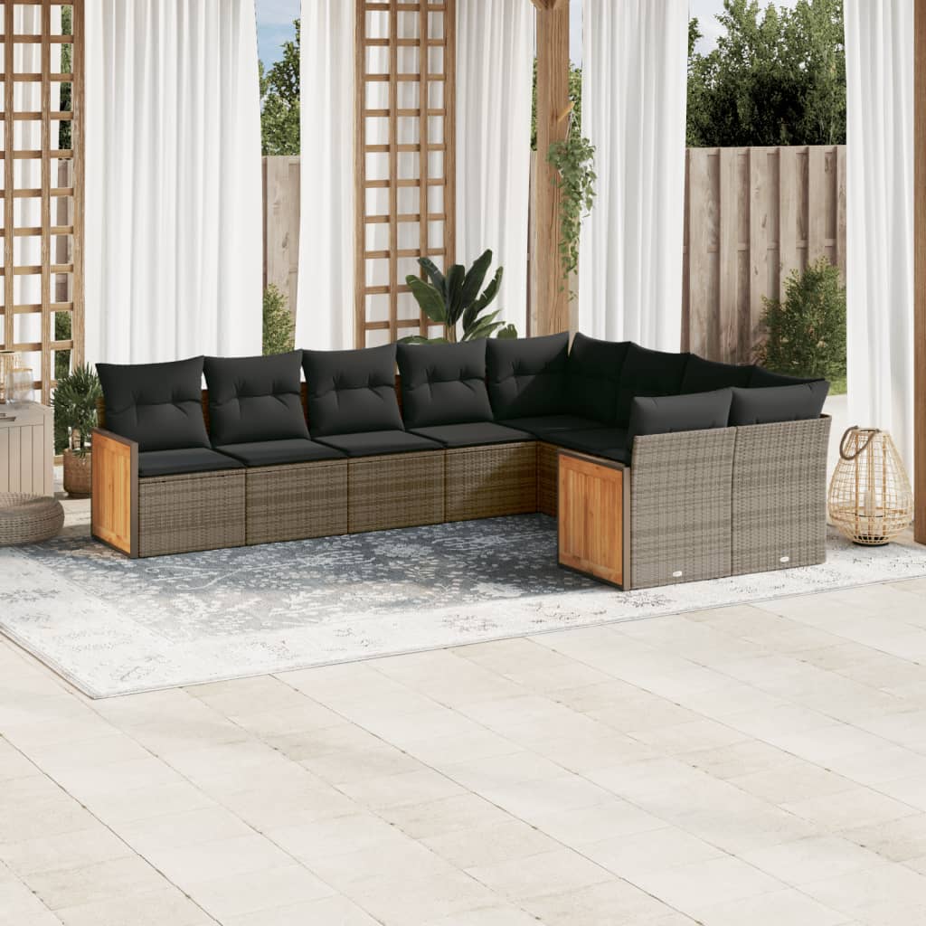 9 Pcs conjunto sofás p/ jardim com almofadões vime PE cinzento