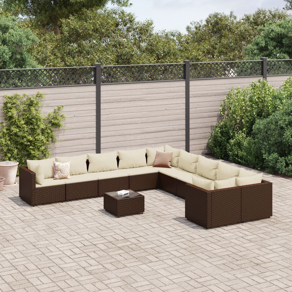 11 Pcs conjunto sofás de jardim c/ almofadões vime PE castanho