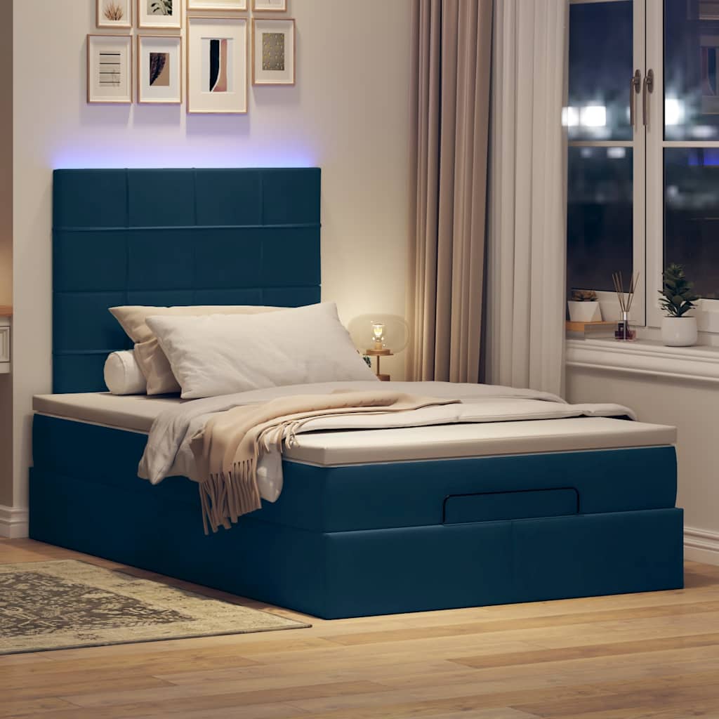 Estrutura de cama otomana com colchões azul escuro veludo
