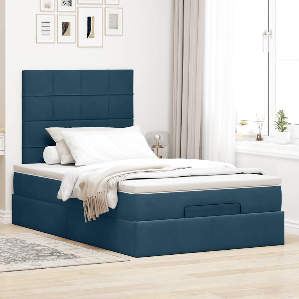 Estrutura de cama otomana com colchões azul escuro veludo