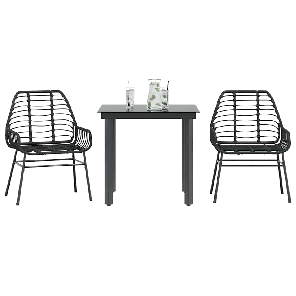 3 Pcs conjunto de jantar para jardim vime PE vidro preto