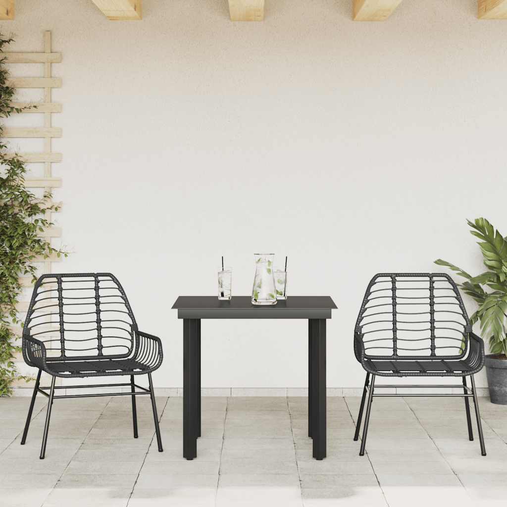 3 Pcs conjunto de jantar para jardim vime PE vidro preto