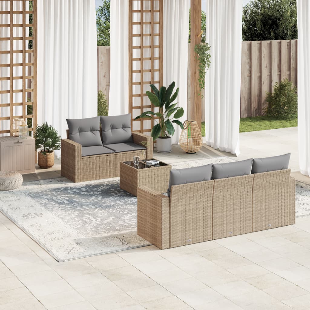 6 Pcs conjunto de sofás p/ jardim com almofadões vime PE bege