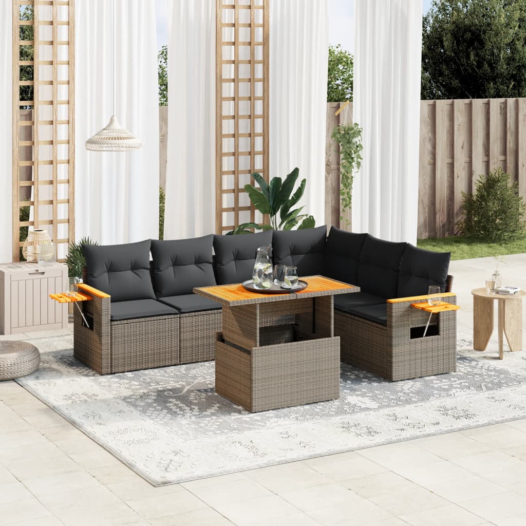 7 Pcs conjunto sofás p/ jardim c/ almofadões vime PE cinzento