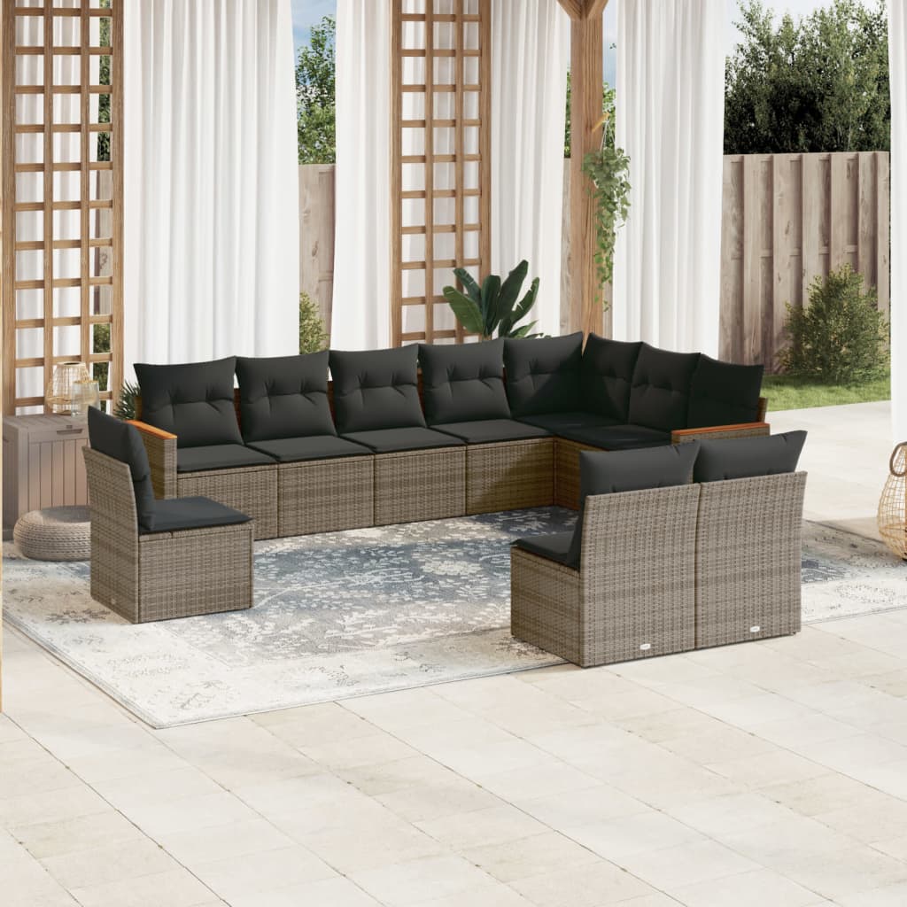 10 Pcs conjunto sofás de jardim c/ almofadões vime PE cinzento
