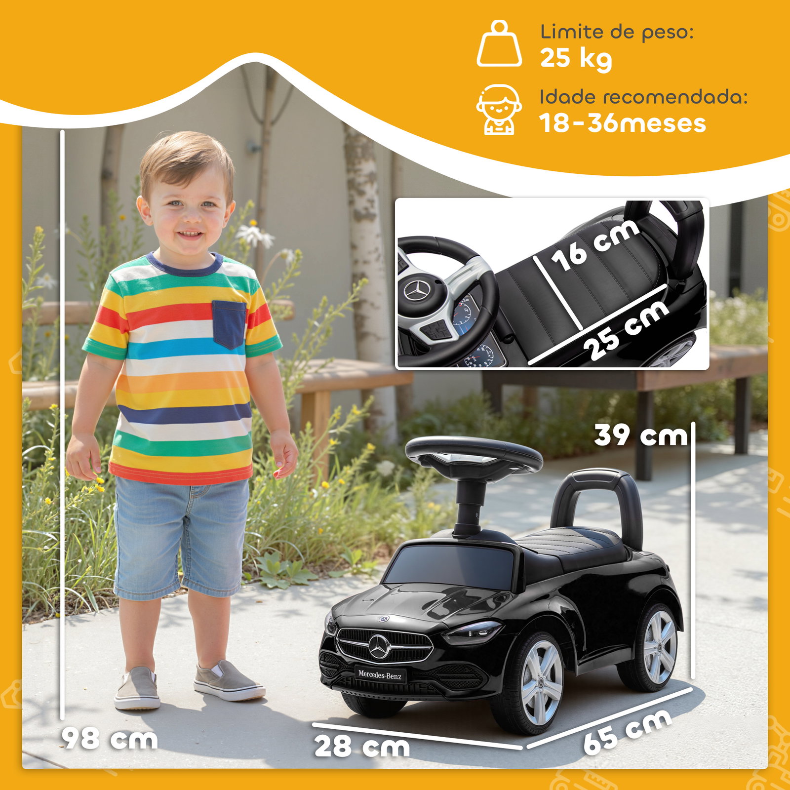 Carro andador para crianças mercedes-benz classe c com buzina volante sons de motor e espaço de armazenamento 65x28x39 cm preto