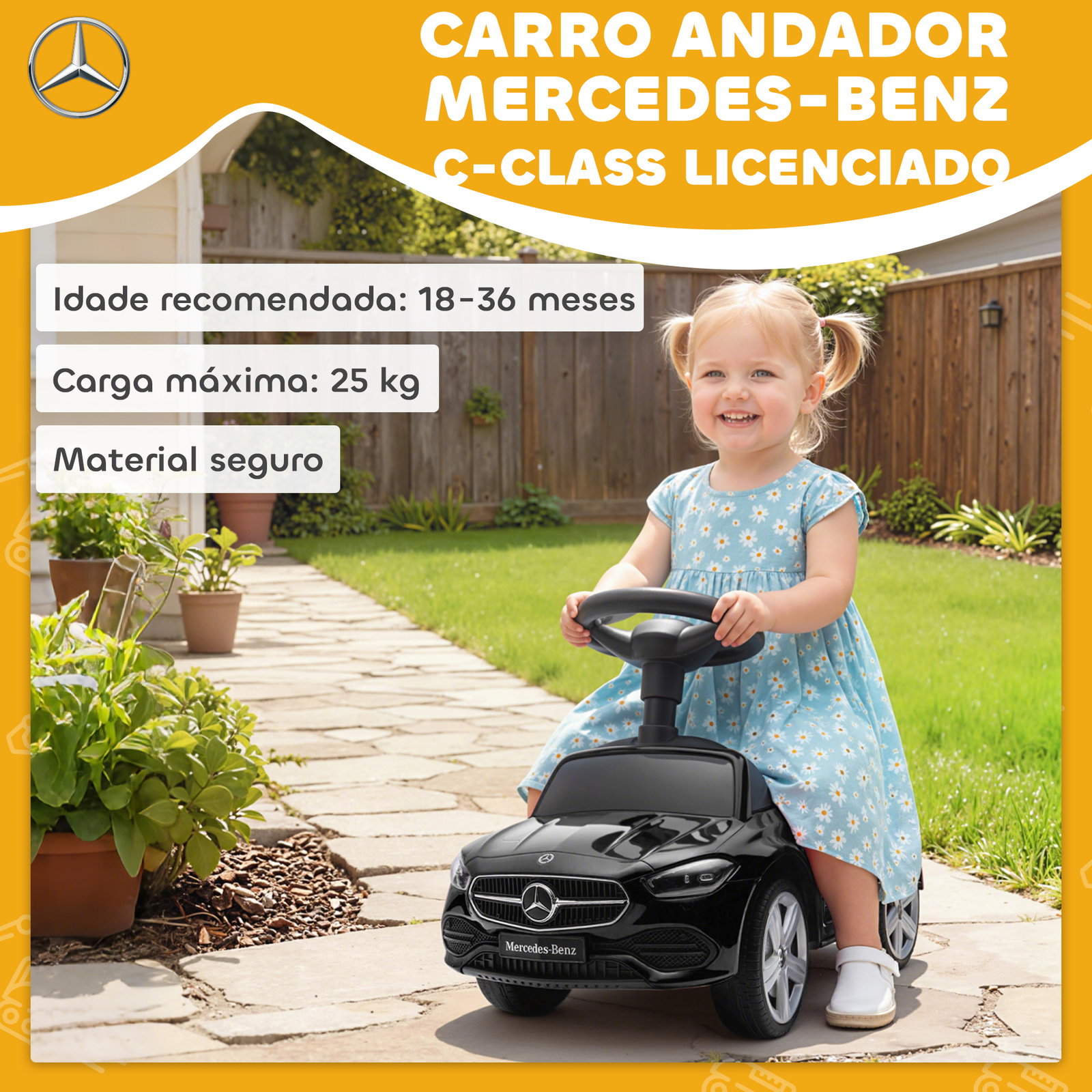 Carro andador para crianças mercedes-benz classe c com buzina volante sons de motor e espaço de armazenamento 65x28x39 cm preto